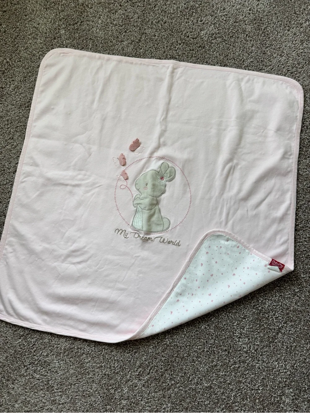 100% Cotton Baby Receiving Blanket Pink Bunny Embroidered Double-Sided Lovey